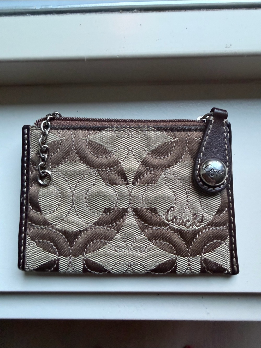 Coach Brown and Tan Signature Zip Card Case with Key Chain